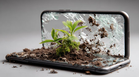 This striking image showcases a cracked smartphone with a sprouting plant and soil, symbolizing the tension between technology and nature. It evokes thoughts about environmental sustainability and regeneration in a digital age.の素材