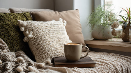This image captures a warm and inviting living room corner featuring a cozy knitted pillow, a steaming cup of coffee, and soft textiles, creating a serene atmosphere perfect for relaxation and comfort in modern home decor.の素材