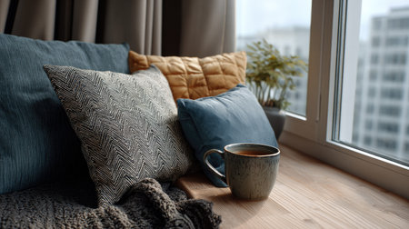 A serene indoor setting featuring a selection of soft cushions in various textures and colors, accompanied by a warm mug, creating a cozy atmosphere.の素材