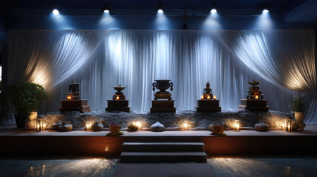 A tranquil exhibition space featuring decorative statues under soft lighting. The elegant drapery and calming ambiance create a peaceful atmosphere ideal for meditation.の素材