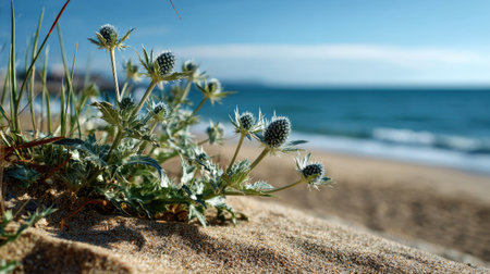 A stunning coastal plant thrives on sandy beach terrain, framed by gentle ocean waves and a serene blue sky, capturing nature's beauty and tranquility.の素材