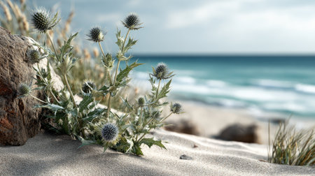 A solitary coastal plant thrives in sandy terrain, showcasing its unique thistle structure, with gentle ocean waves in the background under a cloudy sky.の素材