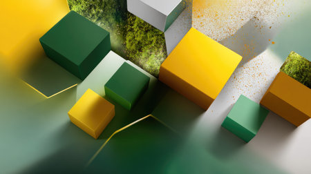 This stunning image features a collection of vibrant cubes in green and yellow shades, set against a soft background, reflecting a fresh and modern design aesthetic.の素材