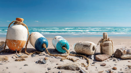 A serene scene featuring colorful buoys resting on a sandy beach. Gentle waves lap at the shore under a clear blue sky, perfect for relaxation.の素材