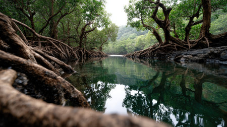 Explore the natural beauty of a tranquil mangrove forest with lush greenery, calm water reflecting the serene landscape, evoking peace and tranquility.の素材