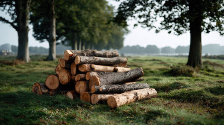 A serene image showcasing a stack of freshly cut logs resting on lush green grass, framed by tall trees in a tranquil rural environment.の素材