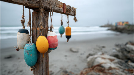 A collection of vibrant fishing floats dangle from a rustic wooden post against a serene coastal landscape, evoking tranquility along the beautiful shore.の素材