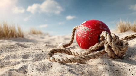 A vibrant red buoy rests on a sandy shore, intertwined with a textured rope, showcasing a tranquil beach scene under a bright sky with fluffy clouds.の素材