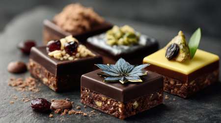 Experience a visual feast of assorted chocolate delicacies, elegantly presented with artistic toppings on a dark slate background, perfect for any occasion.の素材