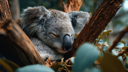 This captivating image features a koala peacefully sleeping in a tree, showcasing its soft fur and serene environment. A true representation of wildlife tranquility.の素材