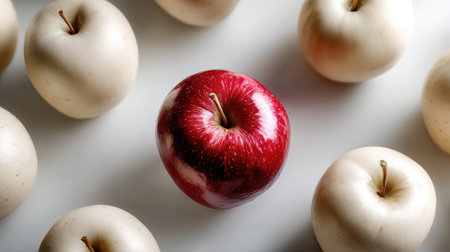 A striking red apple stands out among pale white apples on a light background, symbolizing freshness and healthy eating. Perfect for food themes.の素材
