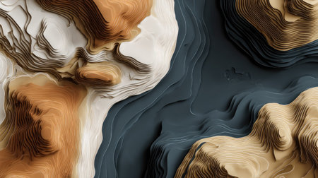 This abstract artwork showcases topographic layers in rich earth tones, emphasizing smooth curves and intricate textures for a modern visual appeal.の素材