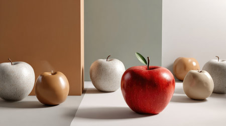 This artistic still life features a vibrant red apple surrounded by various textures and colors. It creates a minimalist atmosphere perfect for design inspiration.の素材