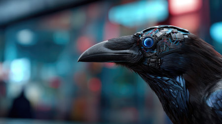 This stunning digital artwork features a cybernetic raven with intricate mechanical details, set against a vivid neon cityscape, blending nature and technology.の素材