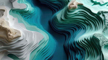 An artistic representation of flowing paper layers in blue and green hues, showcasing intricate textures and natural movement for a serene visual experience.の素材