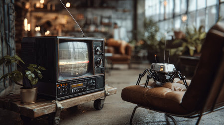 This image showcases a vintage television set paired with a robotic pet on an armchair in a stylish living room. The scene combines nostalgia and modern technology, creating a unique contrast that invites viewers into a cozy and imaginative space.の素材