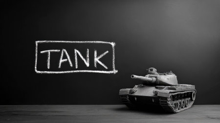 A realistic model tank positioned near a chalkboard with the word "TANK" creatively written in chalk, capturing a minimalist aesthetic.の素材