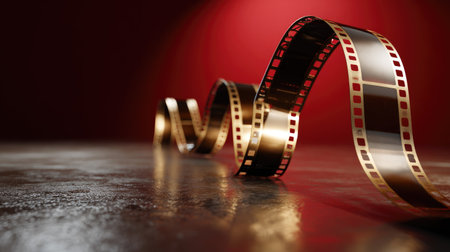An elegant and artistic representation of a vintage film strip curving gracefully on a reflective surface, set against a dramatic red background.の素材