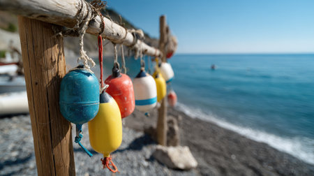 A collection of colorful fishing floats hanging on a rustic wooden post, set against a tranquil ocean backdrop on a bright, sunny day. The image captures the essence of coastal life, evoking feelings of relaxation and adventure.の素材