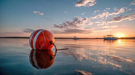 A serene sunset over calm water highlights a floating buoy with vibrant colors. Sailboats are gently anchored in the background, creating a peaceful coastal scene.の素材
