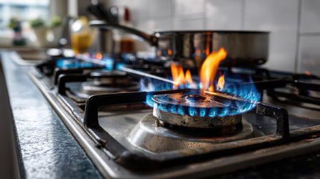 A vibrant gas burner featuring bright flames in a contemporary kitchen. A cooking pot sits above, emphasizing culinary creativity and warmth.の素材