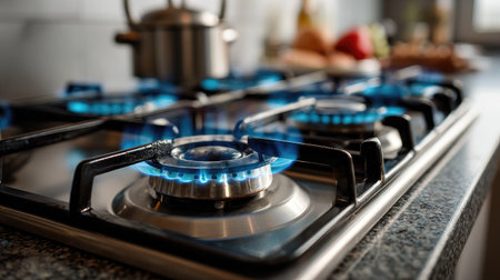 A vivid close-up of a gas stove top featuring vibrant blue flames against a stylish kitchen backdrop. Perfect for showcasing culinary activities.の素材