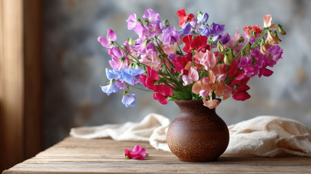 A vibrant arrangement of sweet pea flowers in an earthen pot sits gracefully on a rustic wooden table, creating a serene and charming decorative piece.の素材