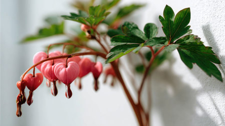 A close-up view of the charming bleeding heart plant, showcasing its pink heart-shaped flowers and lush green leaves against a soft background, perfect for nature lovers.の素材