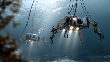A stunning representation of underwater robots navigating the deep ocean, showcasing advanced technology and bright lights illuminating the dark underwater environment.の素材