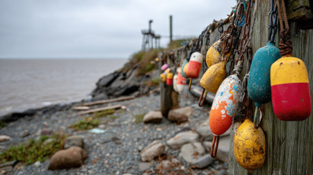 A collection of vibrant buoys hangs from weathered wooden posts along a rocky shoreline, creating a picturesque coastal scene under a moody sky.の素材