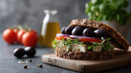 A freshly made sandwich featuring layers of vibrant vegetables, creamy cheese, and flavorful olives, elegantly arranged on a rustic wooden board, perfect for a healthy meal.の素材