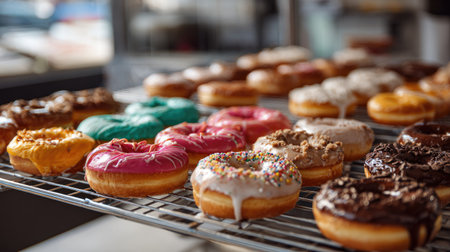 A vibrant assortment of freshly baked donuts displayed in a bakery. The colorful frosting and various toppings create an enticing visual treat.の素材
