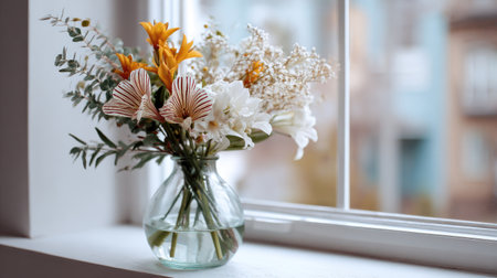 A stunning floral arrangement in a clear glass vase sits on a windowsill, highlighted by soft natural light. This beautiful display brings elegance and vibrancy to any interior space.の素材