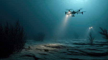 Explore the depths of the ocean with this captivating image of underwater drones illuminating the dark seabed, showcasing advanced technology in marine research.の素材