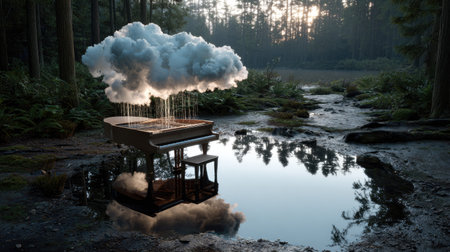 This captivating image features a surreal scene with a grand piano beneath a cloud emitting rain, framed by a serene forest landscape. The reflection in water adds an artistic touch, evoking feelings of tranquility and creativity.の素材