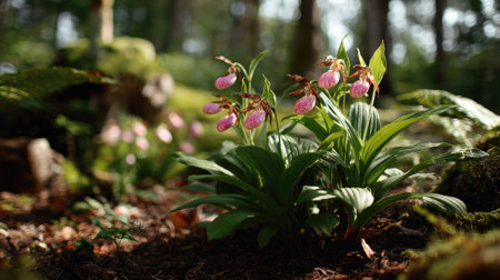 Beautiful scene featuring delicate pink orchids flourishing in a vibrant green forest. Sunlight filters through leaves, creating a serene atmosphere.の素材