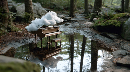 An enchanting scene featuring a grand piano surrounded by a serene forest, reflecting in still water, complemented by a whimsical cloud above.の素材