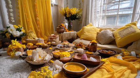 A cozy indoor celebration adorned with vibrant yellow decor, sweet treats, and beautiful flowers, creating a warm and inviting festive atmosphere.の素材