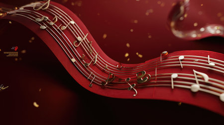 Delicate musical notes gracefully flow across a vibrant red background, accented with sparkling gold elements, ideal for artistic projects and celebrations.の素材