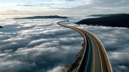 This captivating aerial view showcases a winding road gracefully navigating above a sea of thick fog, surrounded by distant rolling hills, evoking a sense of serenity and adventure.の素材