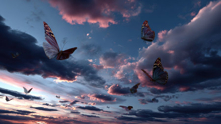 A mesmerizing scene featuring colorful butterflies soaring against a vibrant sunset sky filled with soft clouds, embodying tranquility and beauty.の素材