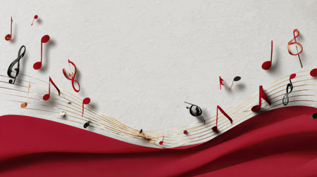 This captivating image features an elegant arrangement of music notes cascading over a vibrant red wave, creating a dynamic visual of rhythm and harmony.の素材