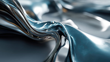 This image features an abstract metallic wave with a shiny surface that enhances reflections under soft light, perfect for modern design projects and artistic concepts.の素材