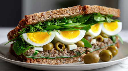 A deliciously prepared sandwich featuring layers of fresh spinach, sliced eggs, and olives, showcasing a healthy meal option ideal for lunch or snack.の素材