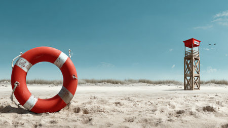 A vibrant lifebuoy stands on sandy beach, complemented by a lifeguard tower. The scene captures the essence of summer safety, featuring a sunny blue sky.の素材