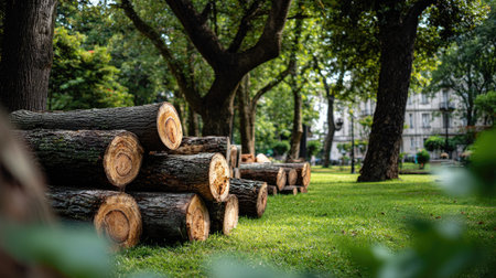 A serene view of stacked logs resting on vibrant green grass, framed by majestic trees in an urban park. The scene captures nature's beauty.の素材