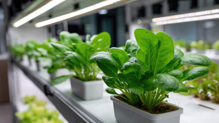 A vibrant display of fresh spinach plants thriving indoors under artificial grow lights in a hydroponic setup, showcasing modern agricultural techniques.の素材