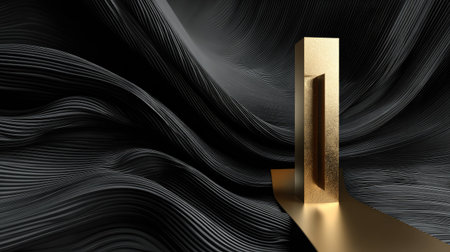 This abstract image features a golden structure in a striking composition against flowing black waves, highlighting texture and elegance in modern design.の素材