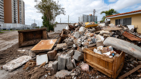 A chaotic scene featuring a large pile of debris, including furniture and various building materials, set against an urban landscape under a cloudy sky.の素材