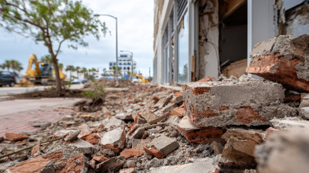 The image showcases a close-up view of debris and broken bricks at a construction site in an urban setting, capturing the essence of transformation.の素材
